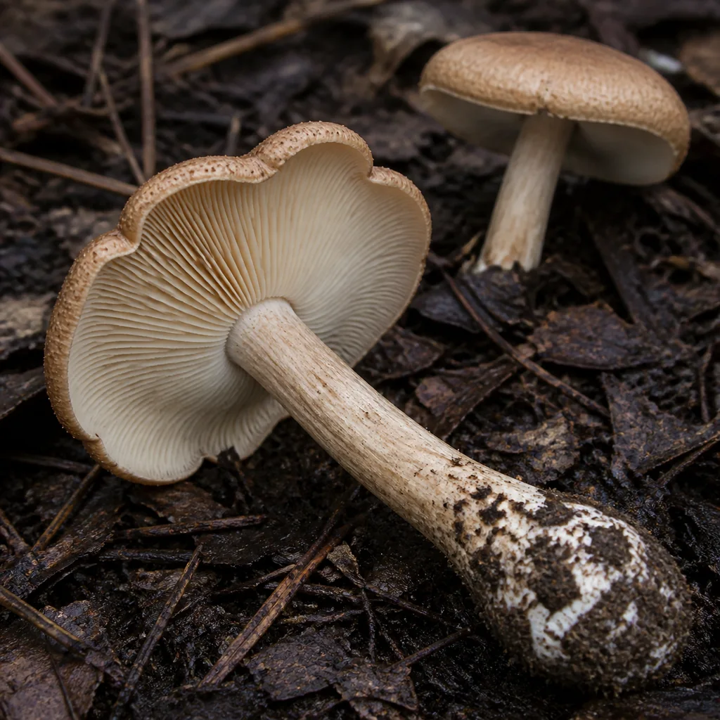 A mushroom shown with its underside, stem, base, and second cap visible for feature comparison