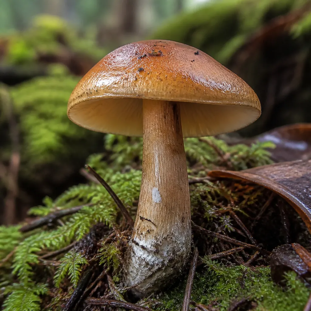 A brown woodland mushroom with its cap, pale underside, stem, and base visible among moss