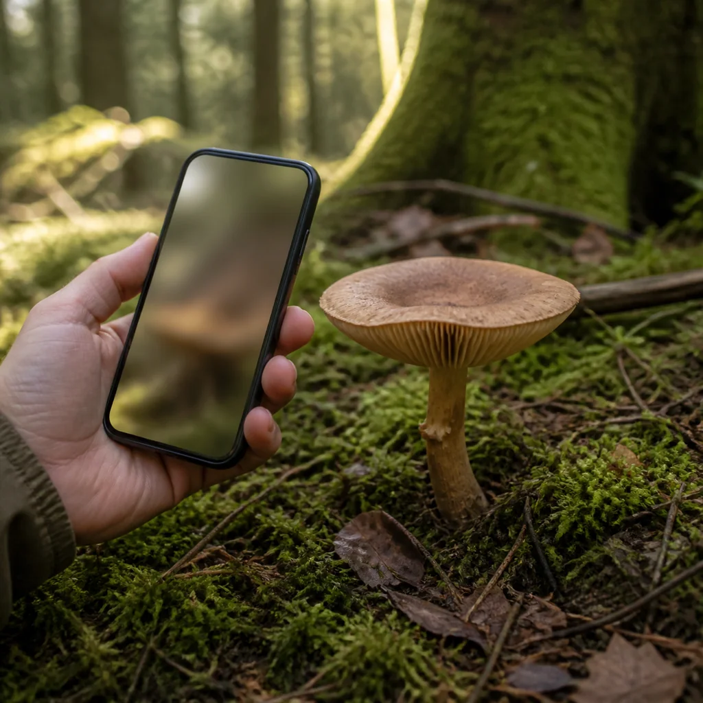 A person photographs an undisturbed woodland mushroom with a phone while keeping the habitat in view