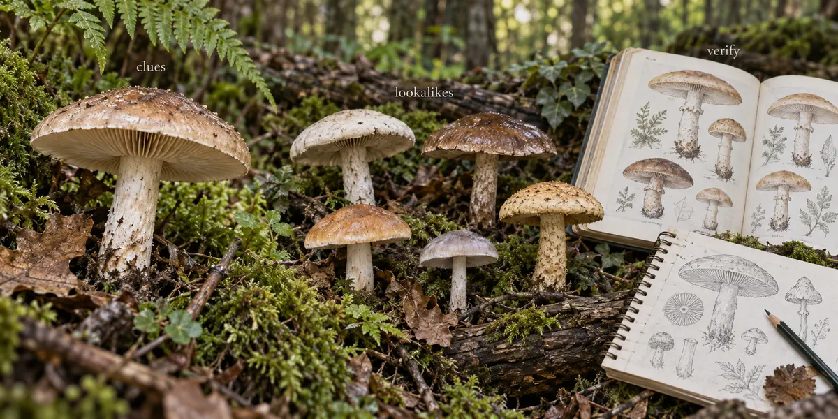 Several similar woodland mushrooms beside a field guide, illustrating clues, lookalikes, and verification