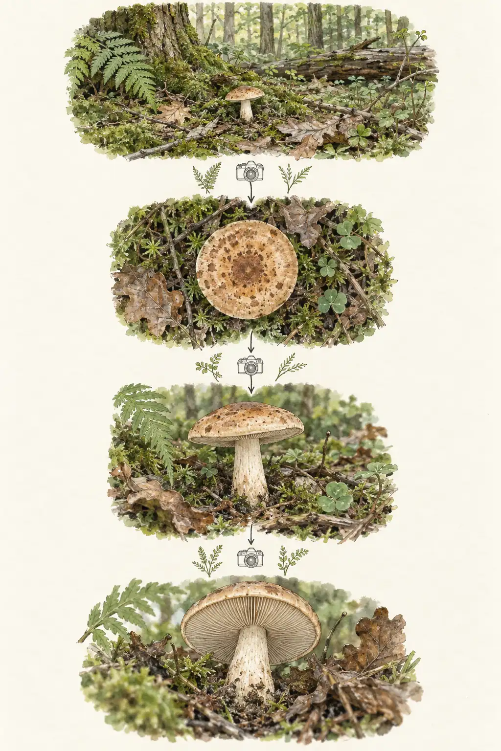 Four editorial views of a mushroom showing the cap, side profile, underside, and habitat context