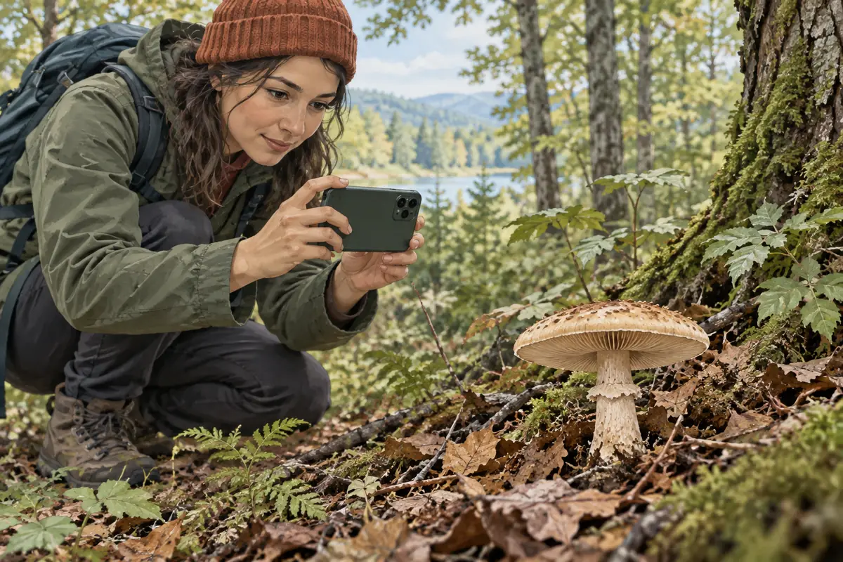 A brown woodland mushroom photographed from a low angle with its cap, underside, stem, and surrounding habitat visible