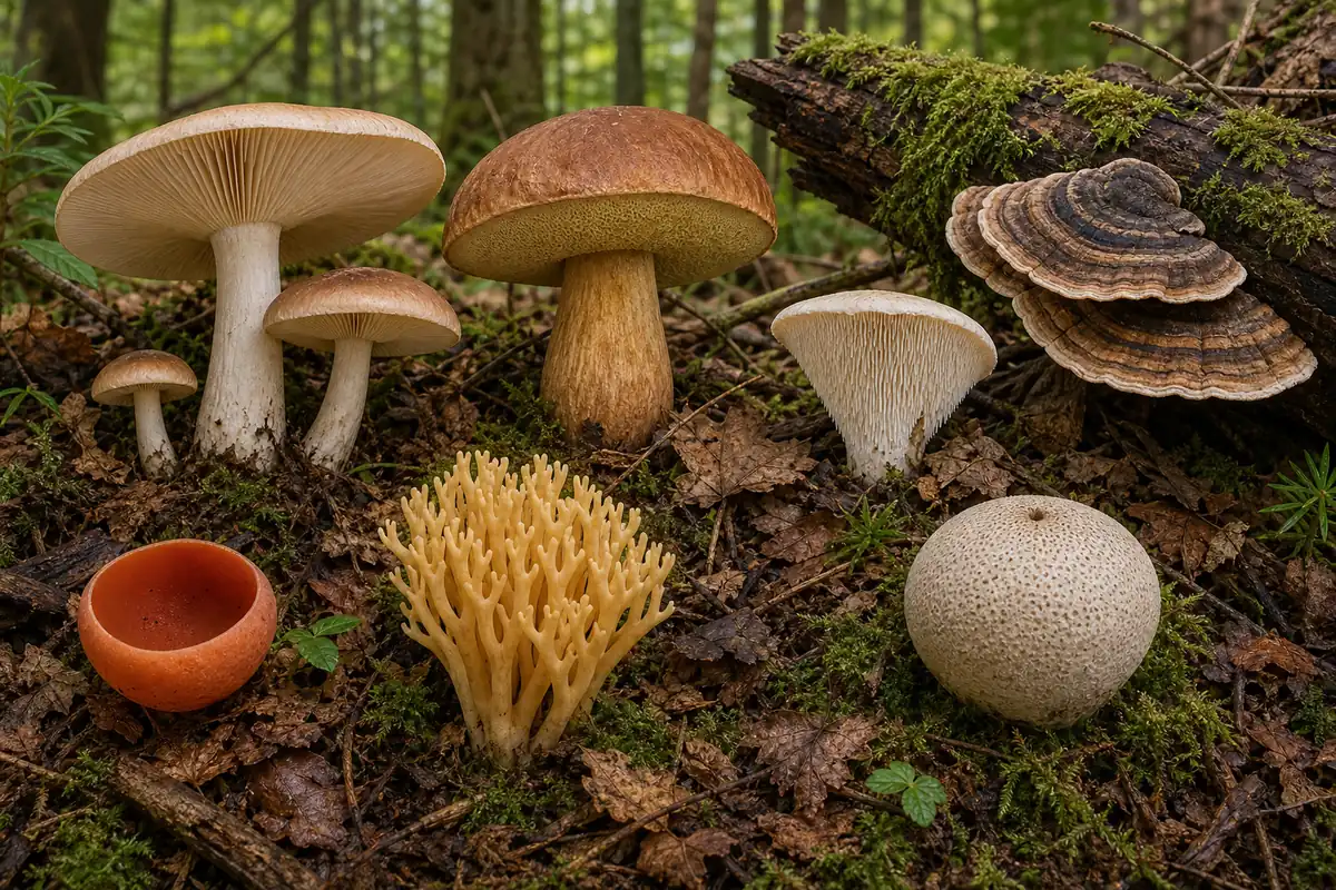 Gilled, pored, toothed, cup-shaped, coral-like, puffball, and bracket-like mushroom forms on a forest floor
