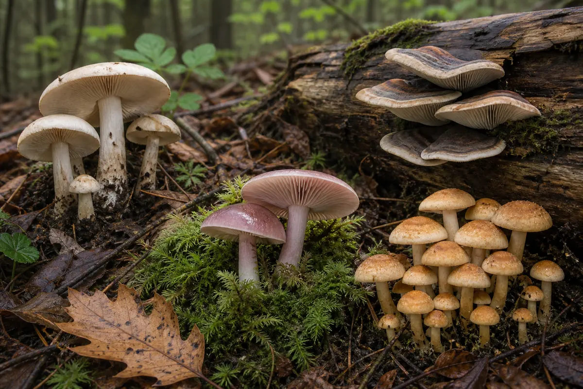 Mushrooms growing in leaf litter, moss, clusters, and on a fallen log to show habitat context