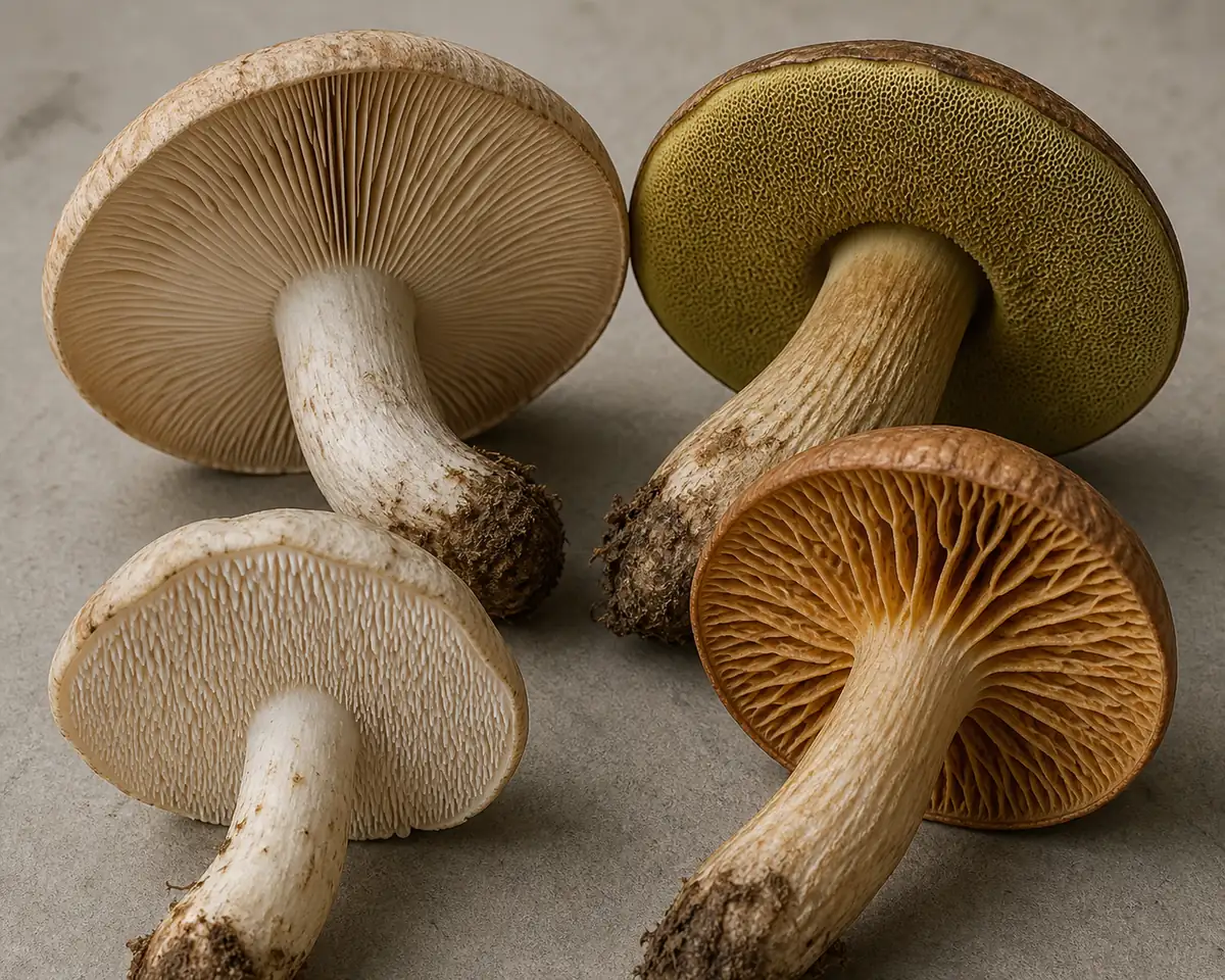 Four mushroom undersides showing gills, pores, teeth, and folded ridges for visual comparison